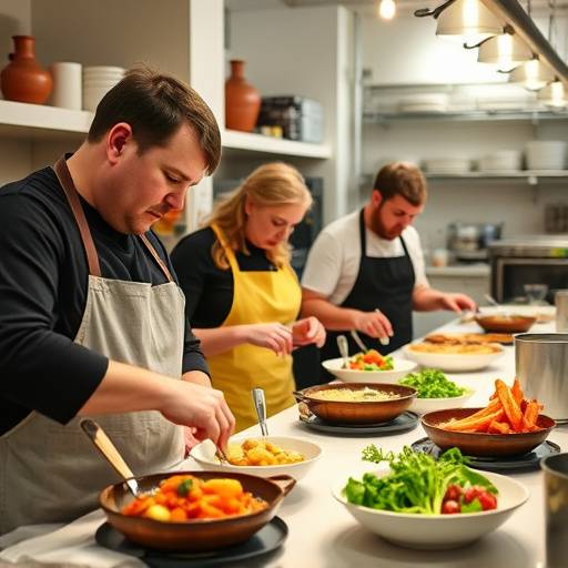 Alunos participando de um workshop de culinária francesa, aprendendo os termos técnicos e a preparar pratos clássicos da gastronomia francesa.