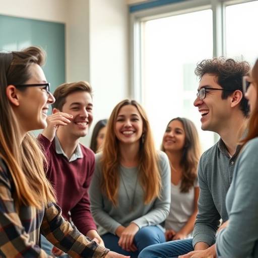 Alunos participando de uma aula de conversaäão em grupo, rindo e interagindo.