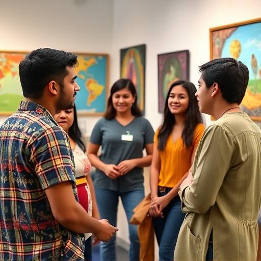 Estudantes estrangeiros participando de uma discussão animada em português avanäado, em uma sala de aula decorada com arte brasileira.