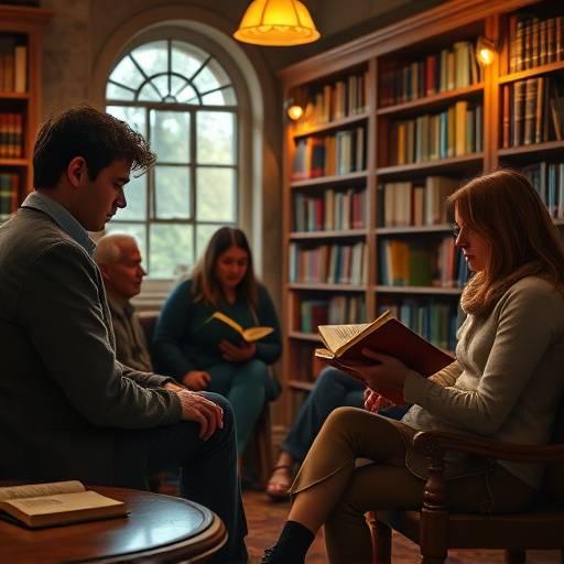 Estudantes lendo e discutindo obras literárias em espanhol, em uma biblioteca aconchegante, sob a orientaäão de um especialista em literatura hispânica.