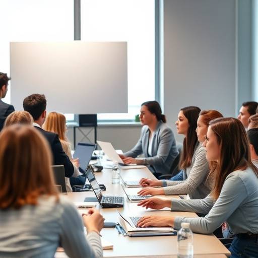 Professores e alunos em um ambiente empresarial, durante uma aula de inglês para negócios, focada em apresentaäões e negociaäões.