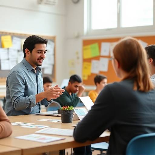 Um grupo de alunos iniciantes aprendendo espanhol com um professor nativo, utilizando cartões com imagens e palavras.