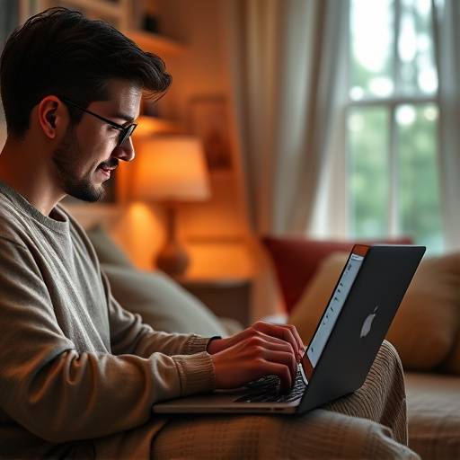 Uma pessoa aprendendo um idioma online em um laptop, em um ambiente de estudo iluminado e confortável em casa.